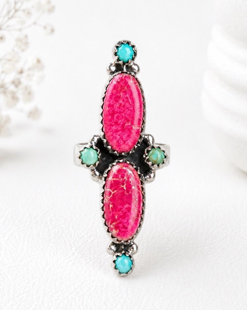 Sterling Silver Native Style SW Turquoise & Pink Jasper Ring Adjustable 6.5-8.5